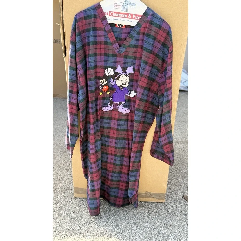 Vintage Disney Minnie Mickey Plaid Nightshirt‎ One Size Cotton 90s